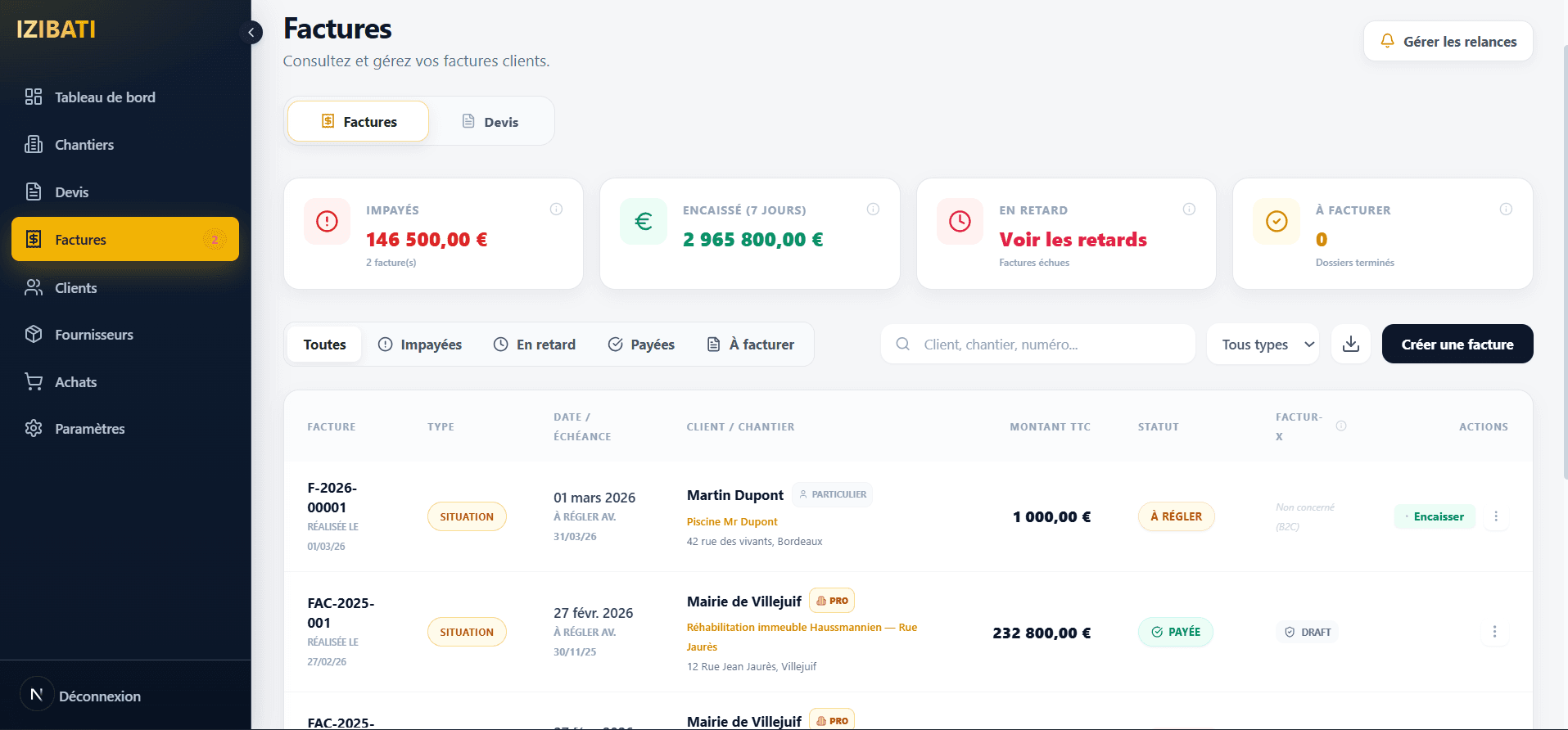 Aperçu facturation IZIBATI