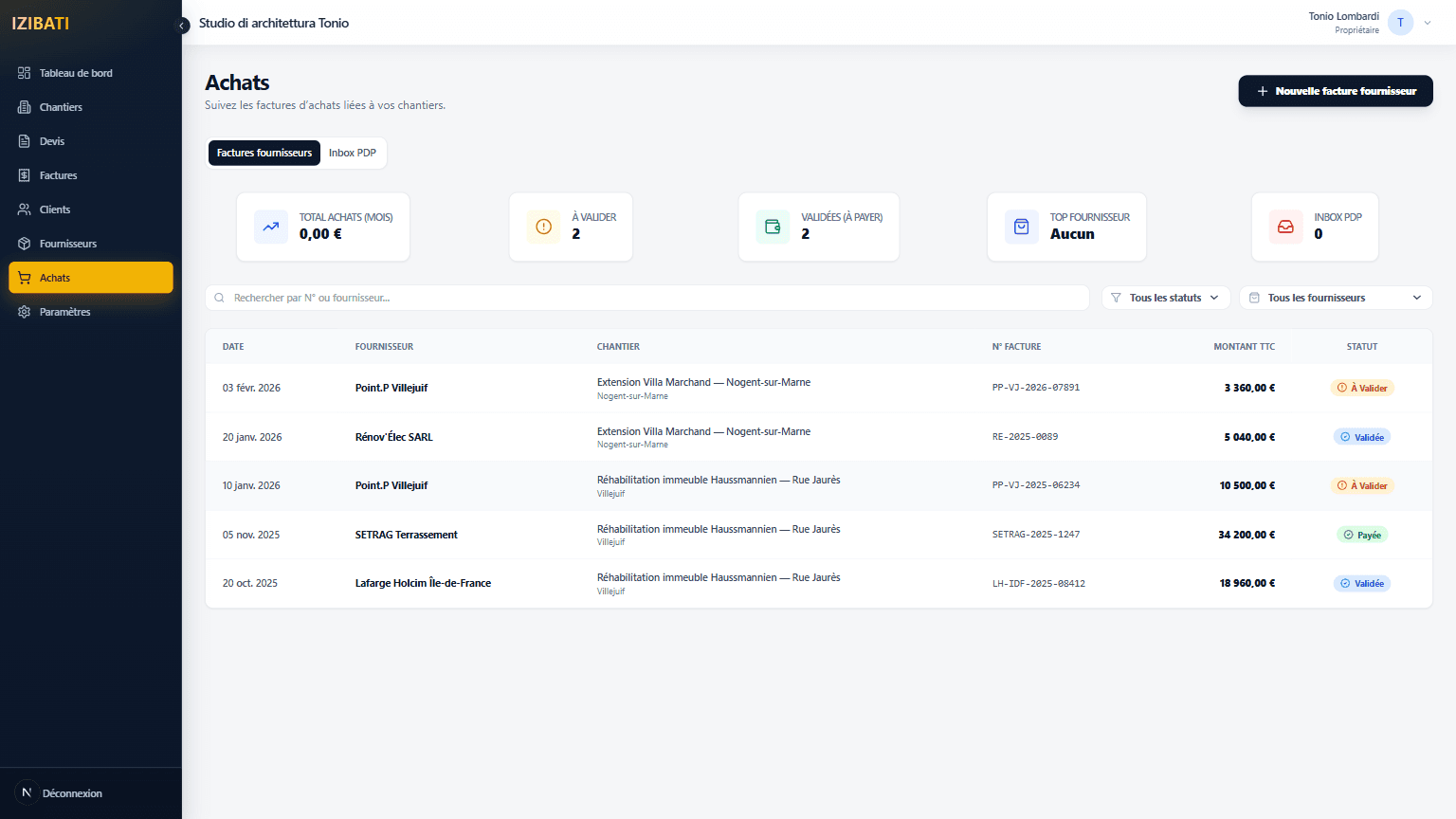 Factures fournisseurs dans IZIBATI.