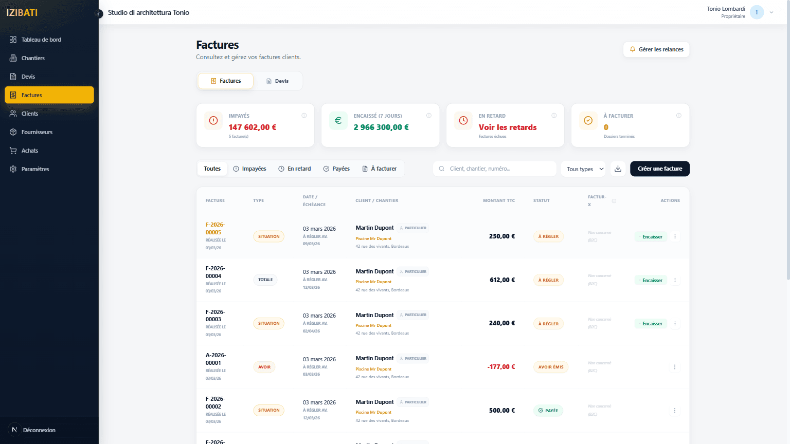 Liste des factures dans IZIBATI.