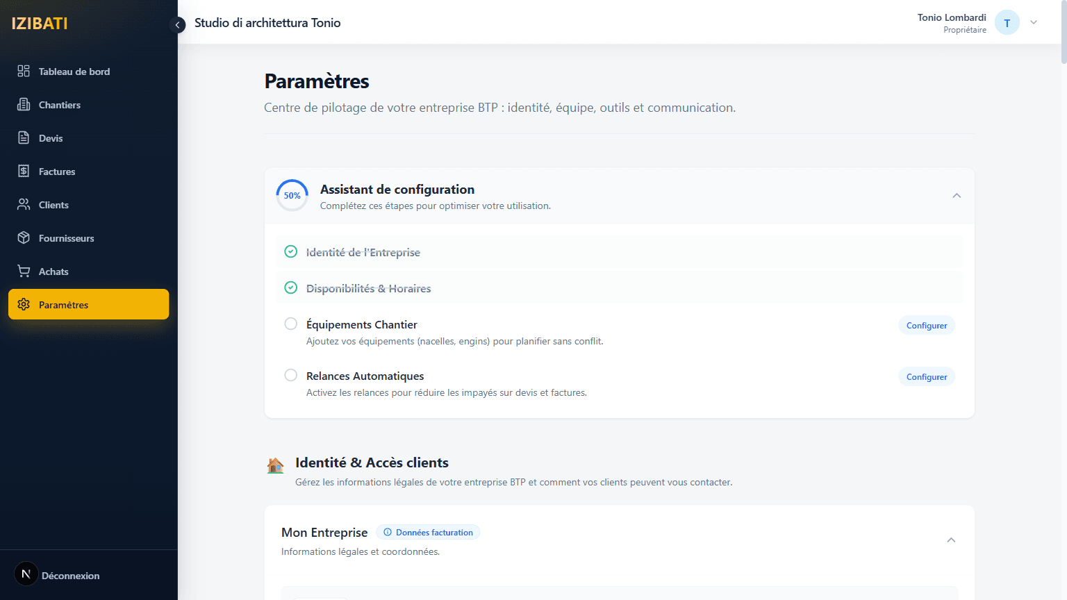 Page paramètres de l’application IZIBATI.